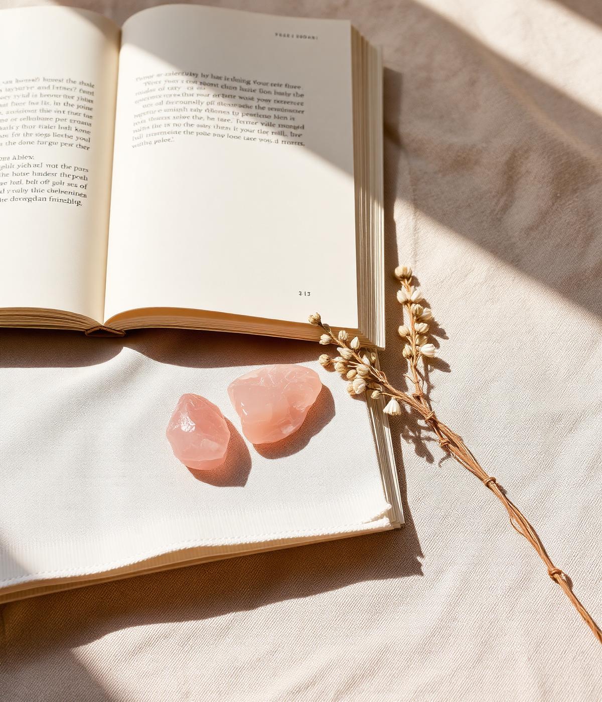 A soft still life with rose quartz and an open journal